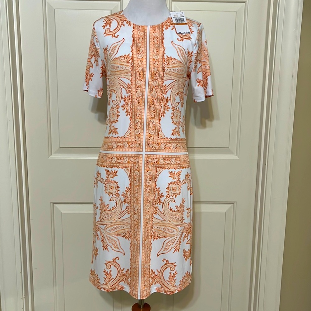 NWT Michael Kors size S white/orange shirt sleeve slinky sheath dress.